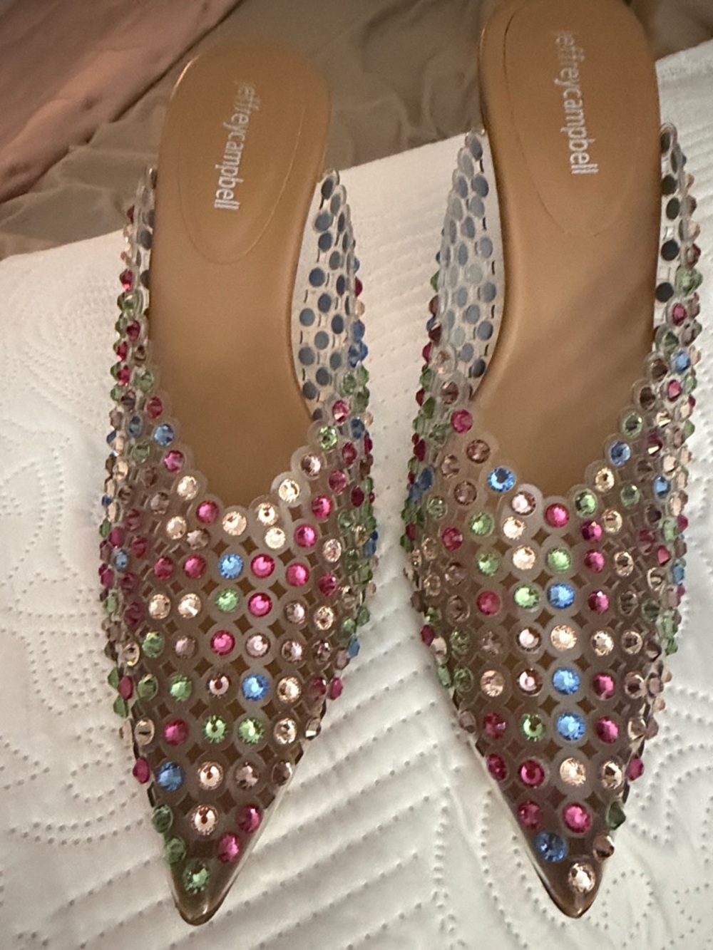 Jeffrey Campbell Nude Embellished Pointed Toe Mules with Multicolor Gems